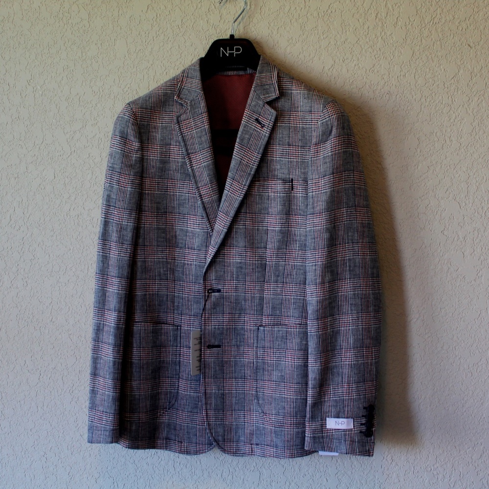 Linen Sportcoat NWT (NHP) Plaid Red & Blue 38R